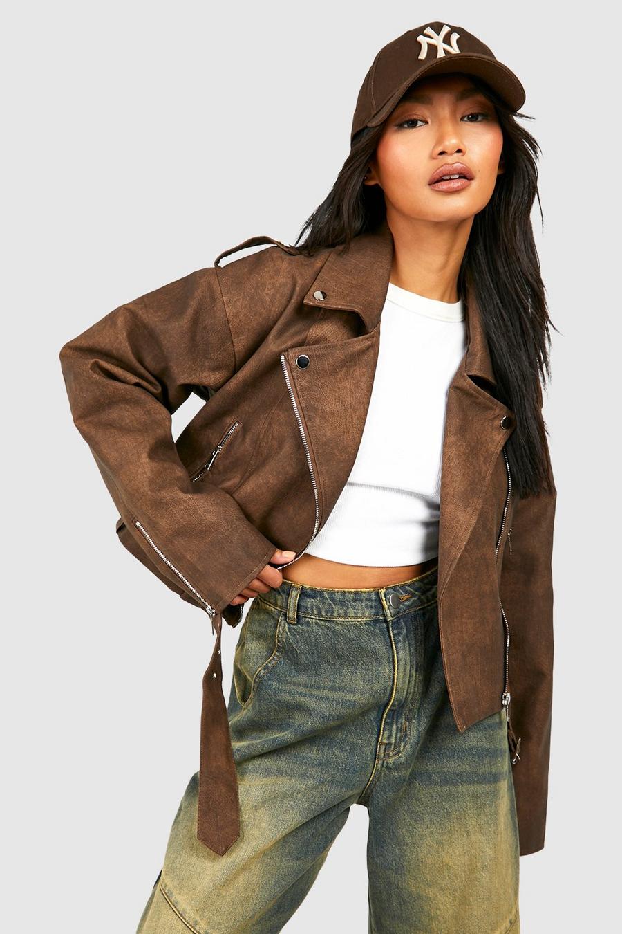 Dark brown marron Vintage Look Faux Leather Biker Jacket