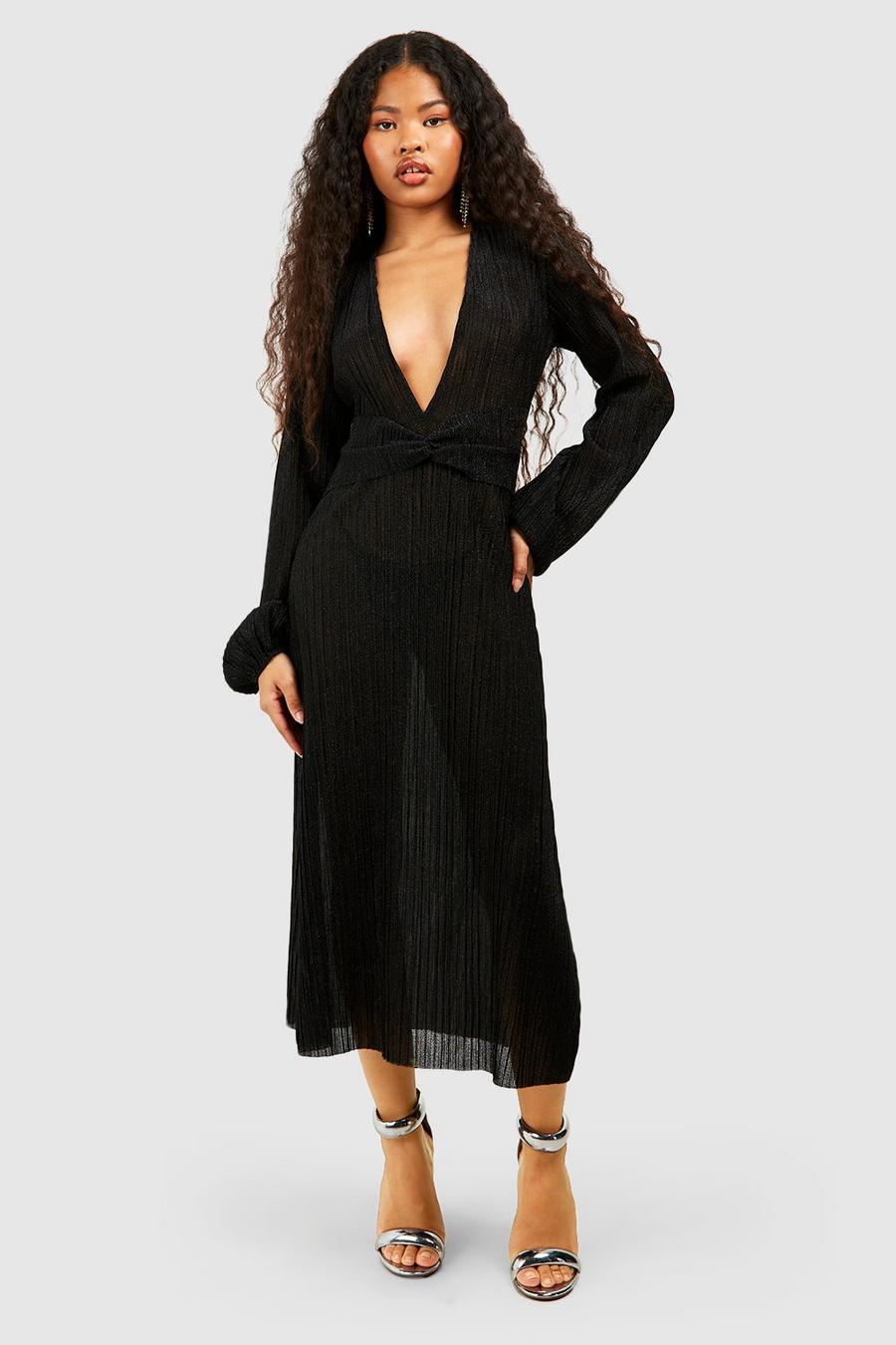 Petite - Robe longue plissée à paillettes, Black image number 1