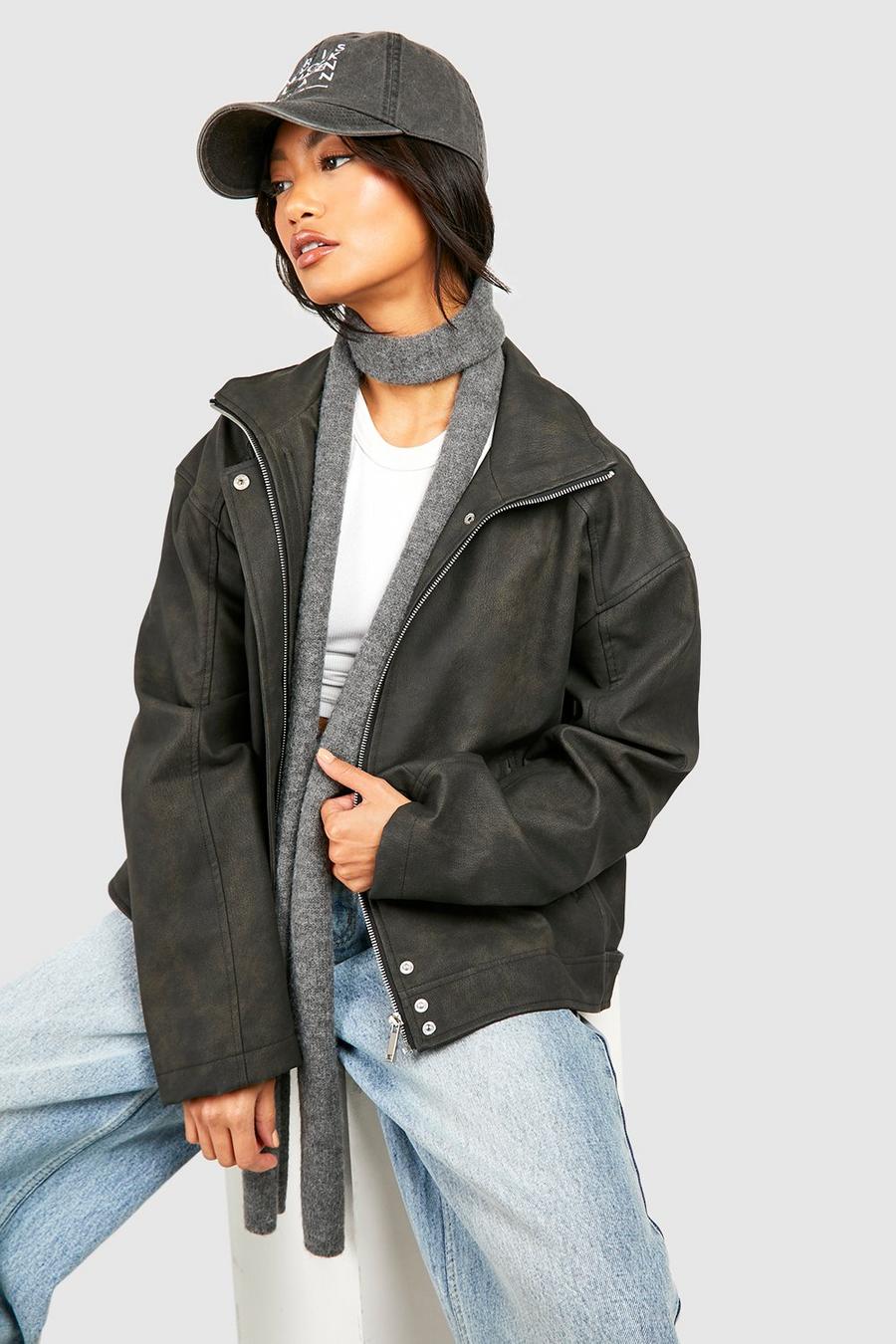 Black Vintage Look Faux Leather Collar Detail Jacket Over image number 1