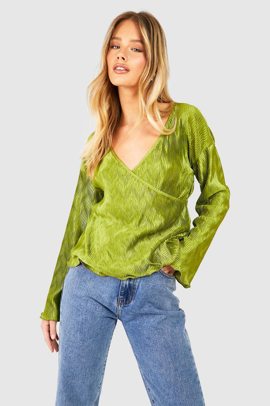 Chartreuse Pleated Wrap Blouse image number 1