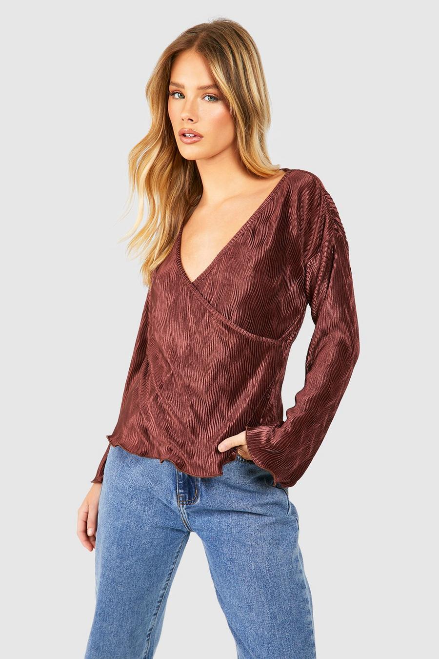 Chocolate Pleated Wrap Blouse image number 1