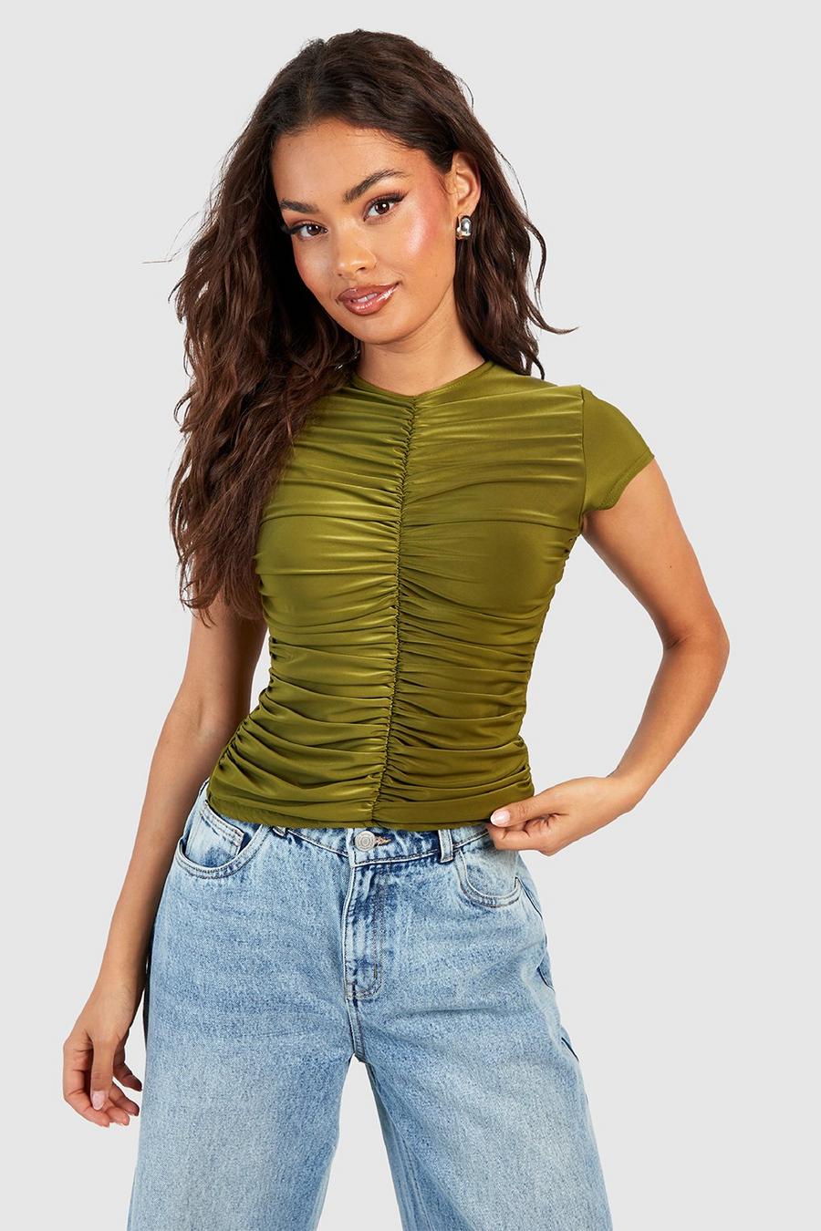 Olive Matte Slinky Rouche Front Top image number 1