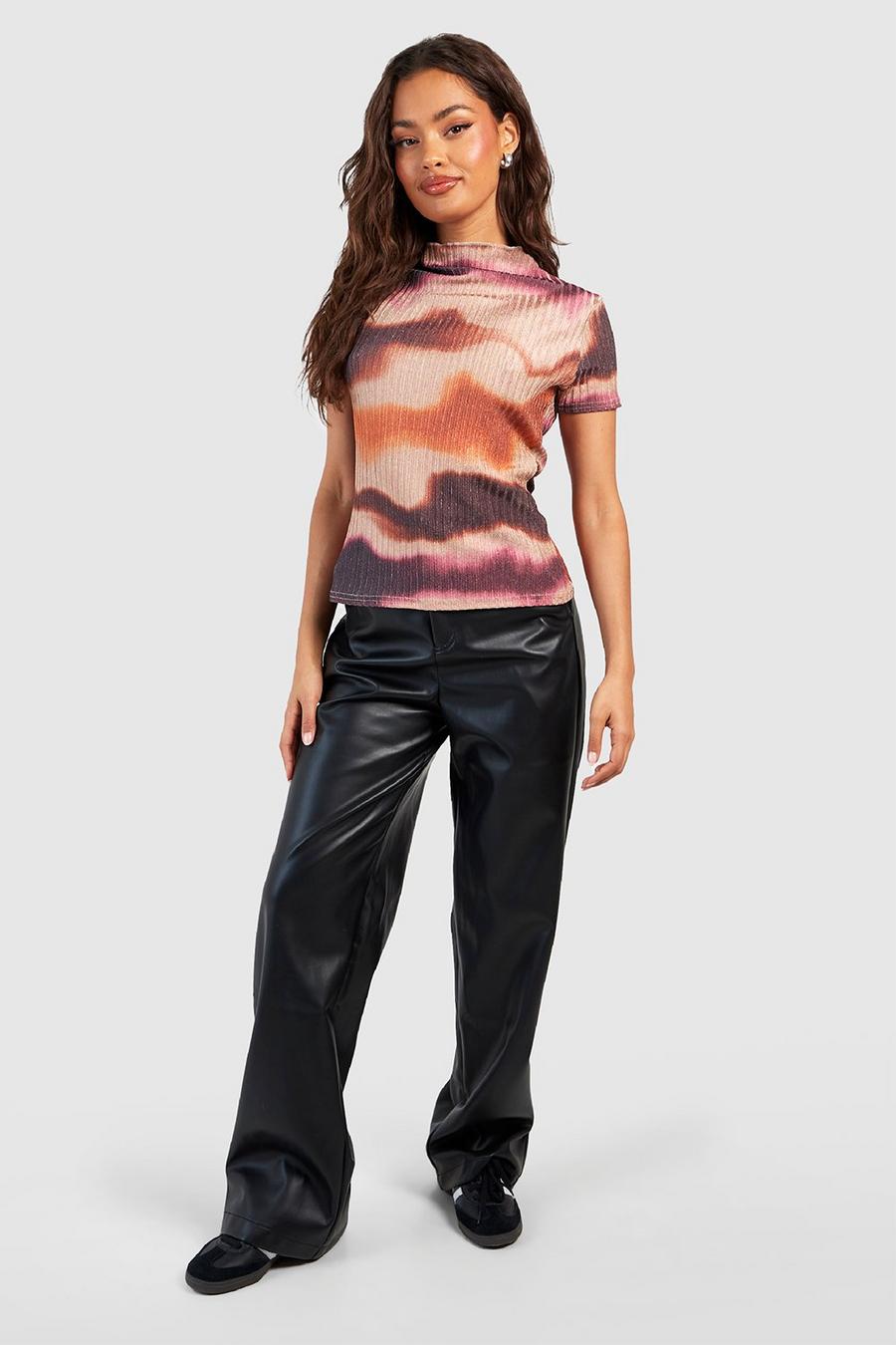Multi Abstract Knitted Rib Funnel Neck Top image number 1