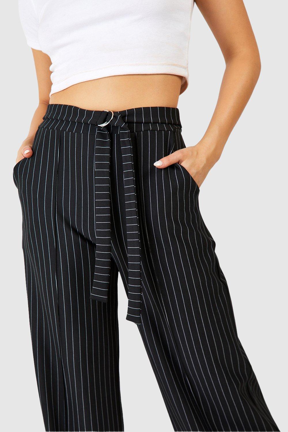 Wide Leg Pinstripe Belt Detail Pants