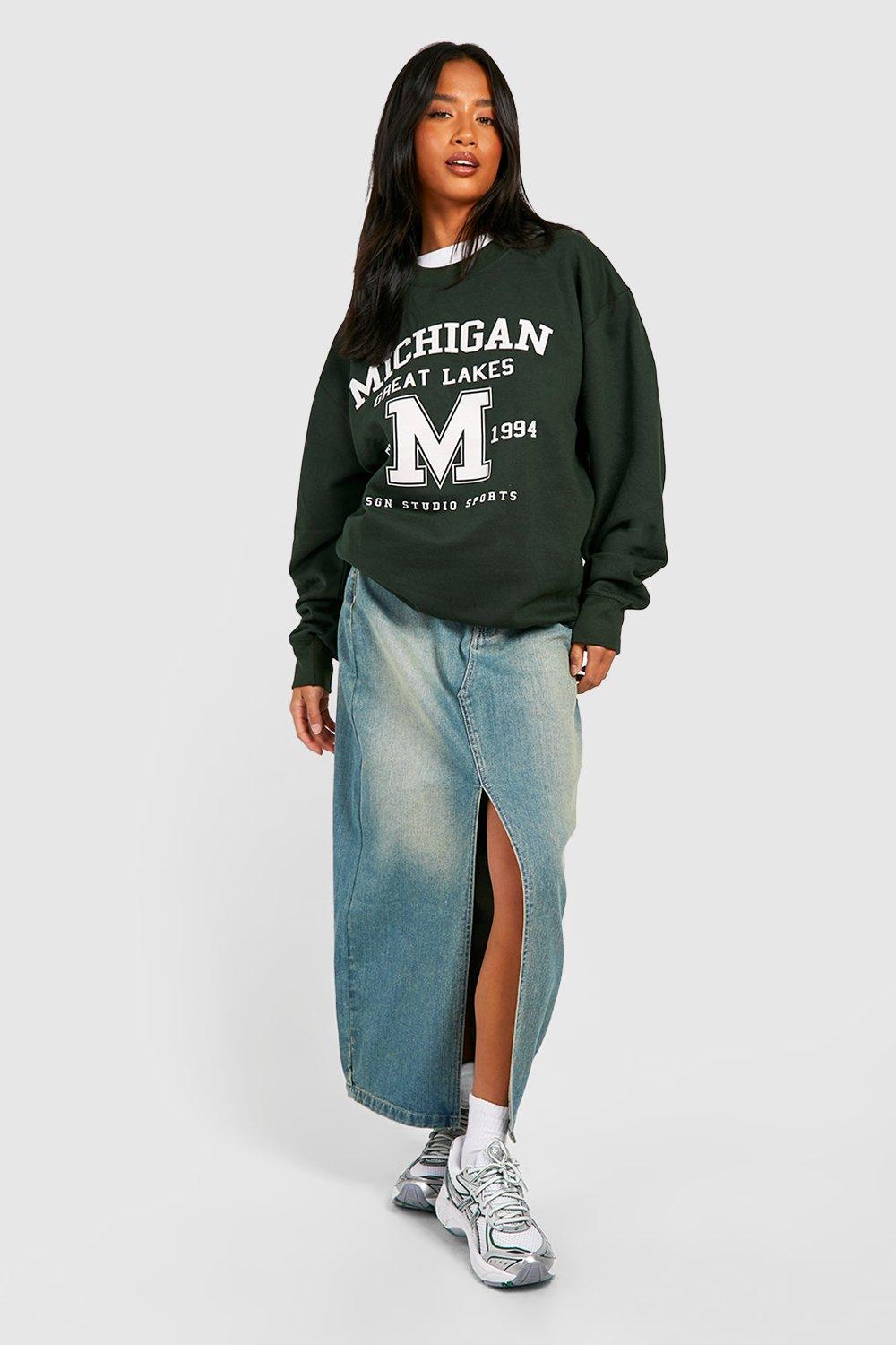 Petite Michigan Slogan Varisty Printed Oversized Sweatshirt