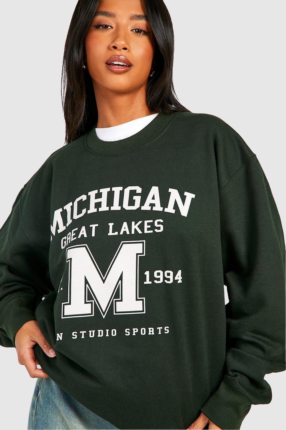 Petite Michigan Slogan Varisty Printed Oversized Sweatshirt