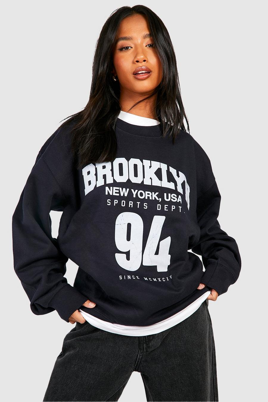 Navy Petite Brooklyn Slogan Printed Varsity Oversized Sweatshirt  image number 1