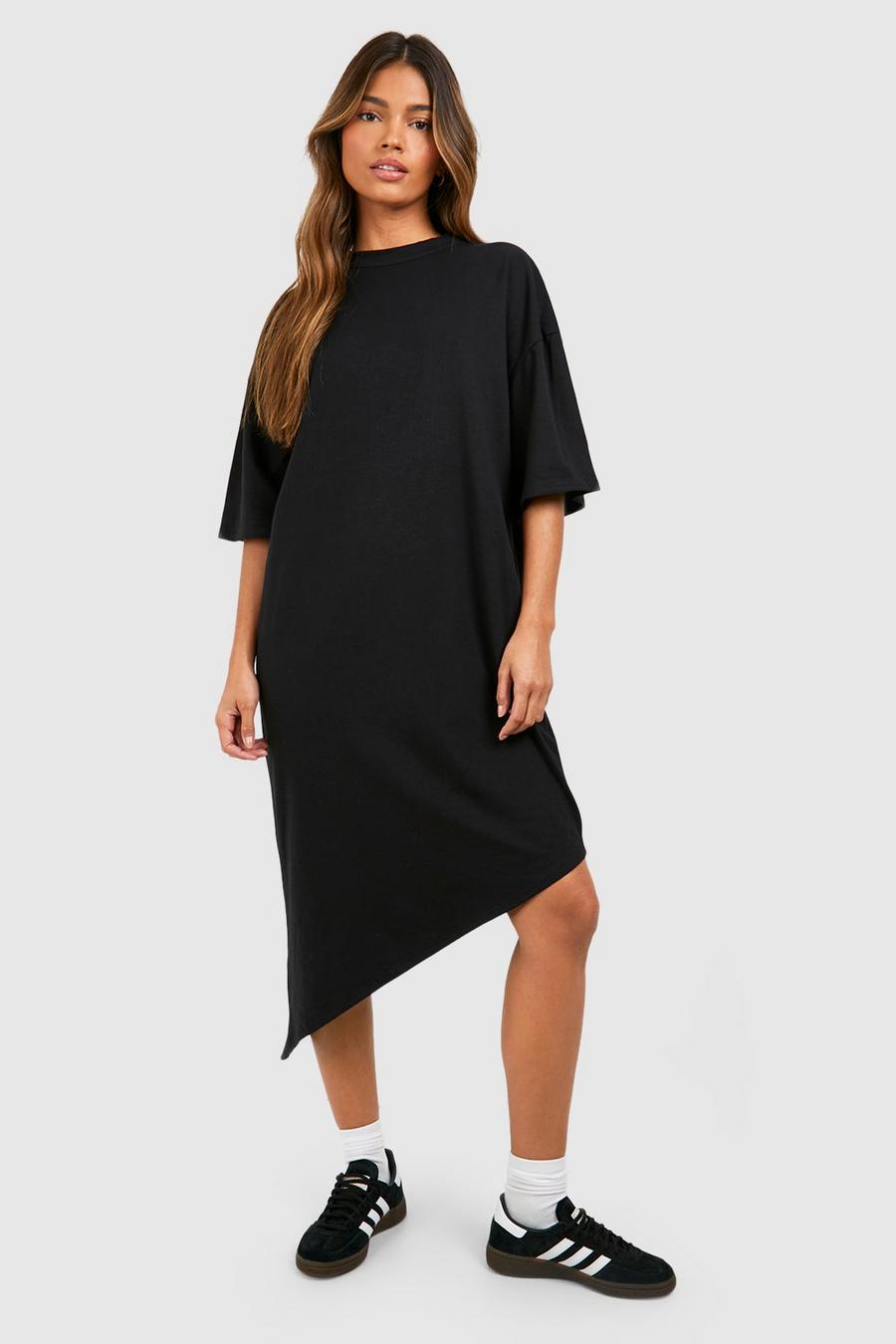 Black Assymetric Hem Cotton Midi T-Shirt Dress