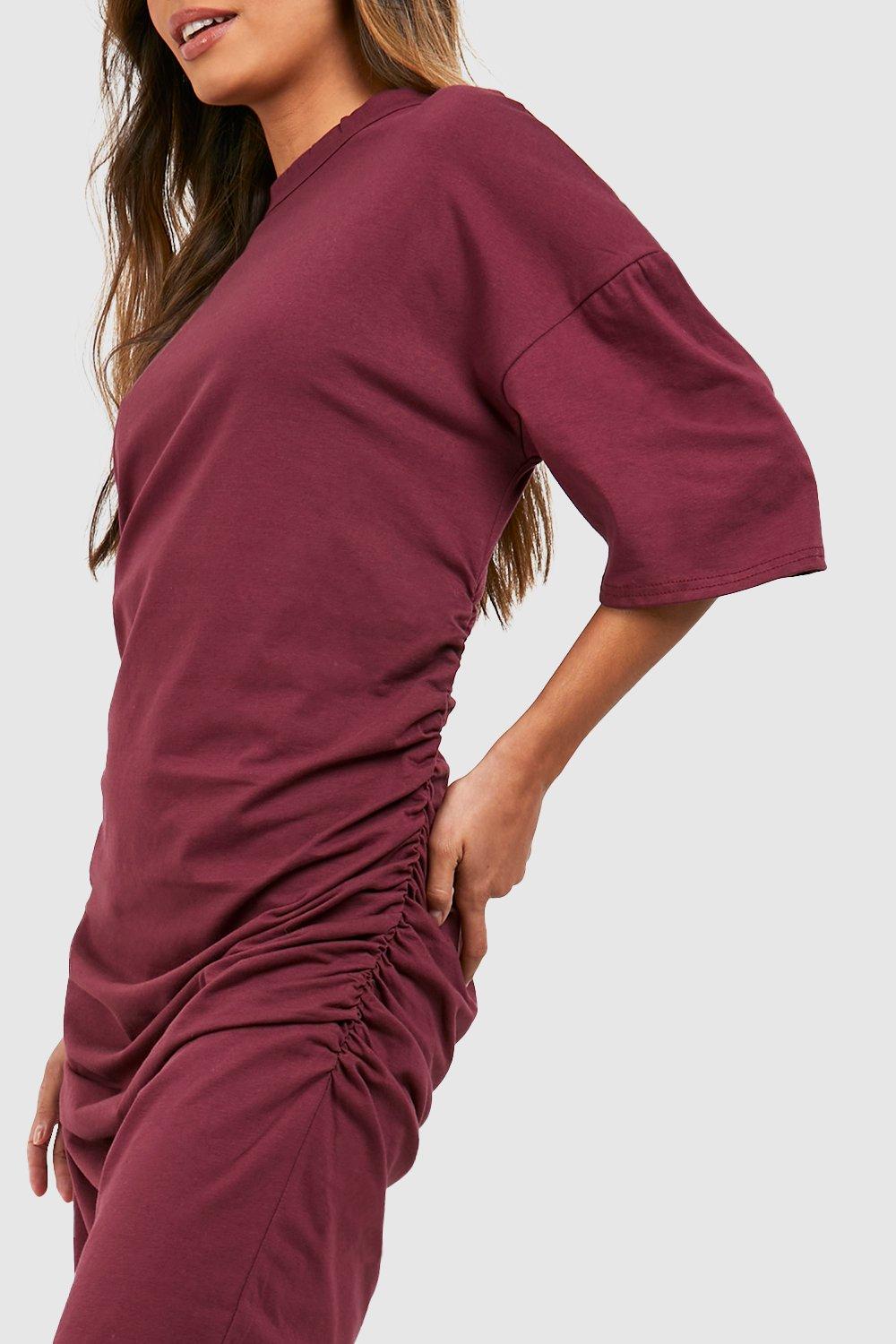 Oversized Ruching Cotton Midi T Shirt Dress boohoo