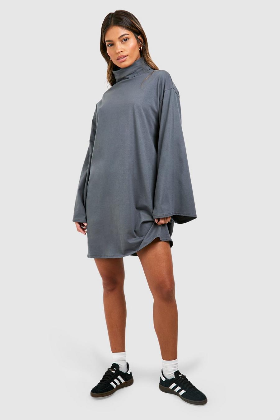 Charcoal Turtleneck Flare Sleeve Cotton T-Shirt Dress image number 1