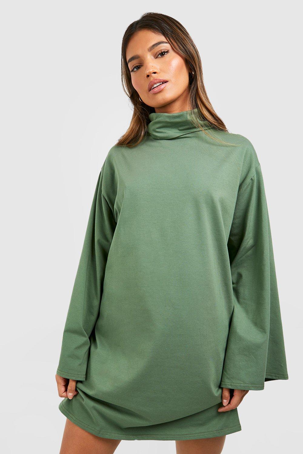 Women s Roll Neck Flare Sleeve Cotton T shirt Dress Boohoo UK