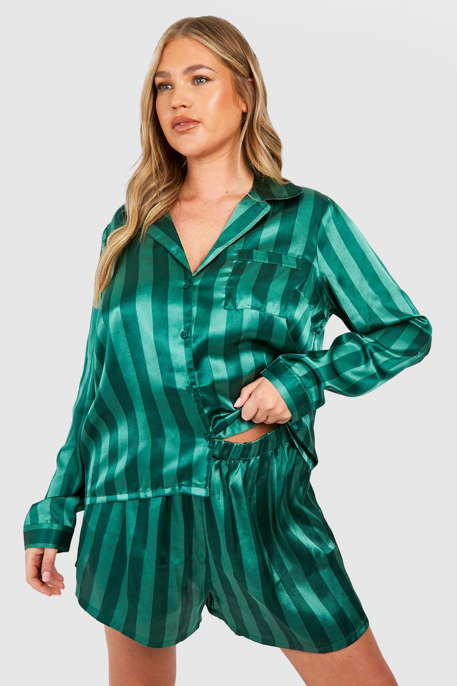 Plus langärmliger Satin-Pyjama und Shorts mit Streifen, Green image number 1