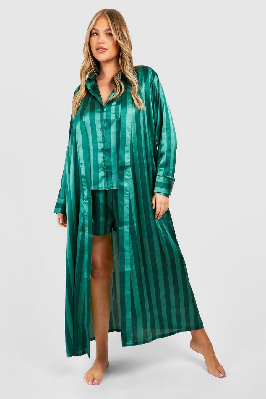 Green Plus Satin Stripe Belted Maxi Robe 