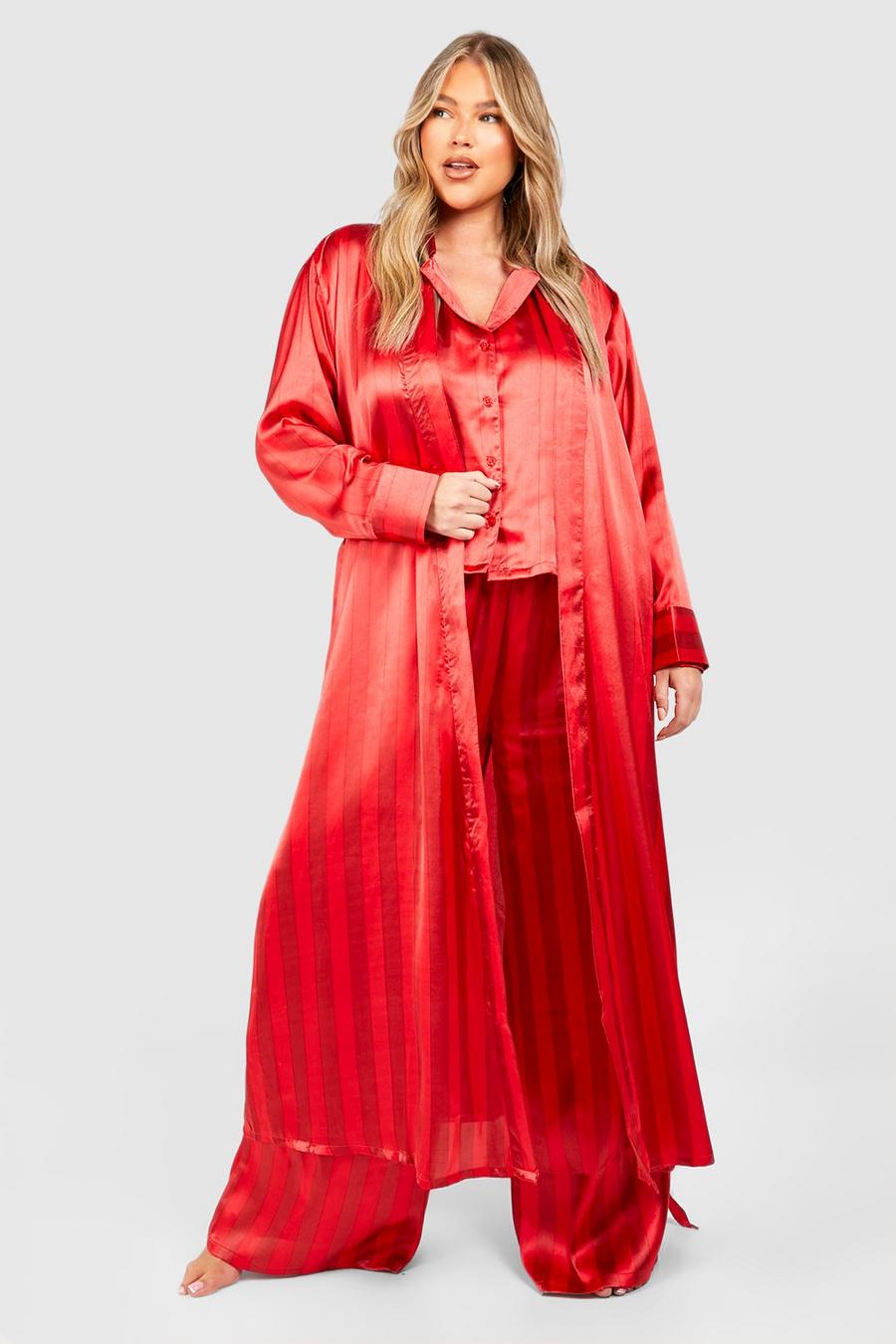 Red Plus Satin Stripe Belted Maxi Robe  image number 1