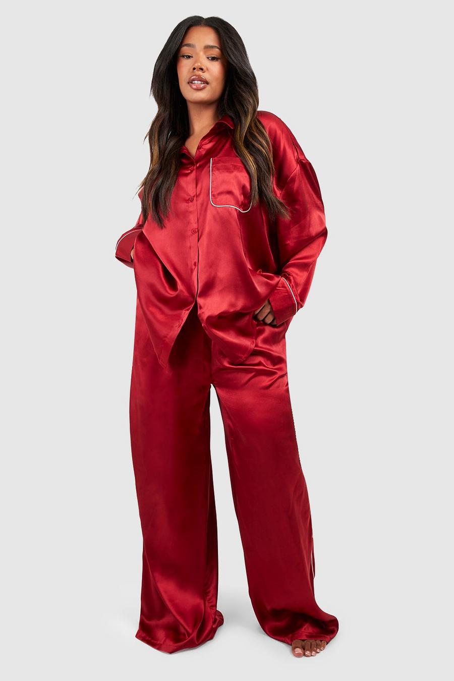 Set pigiama Plus Size oversize con cordoncino e pantaloni lunghi, Red image number 1