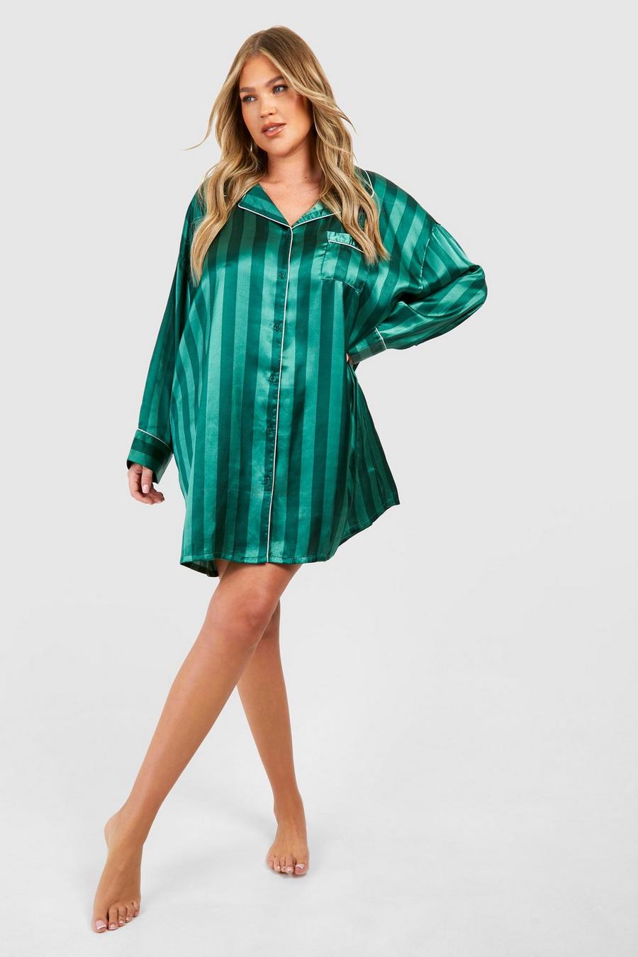Camicia da notte pigiama Plus Size a righe verticali, Green image number 1