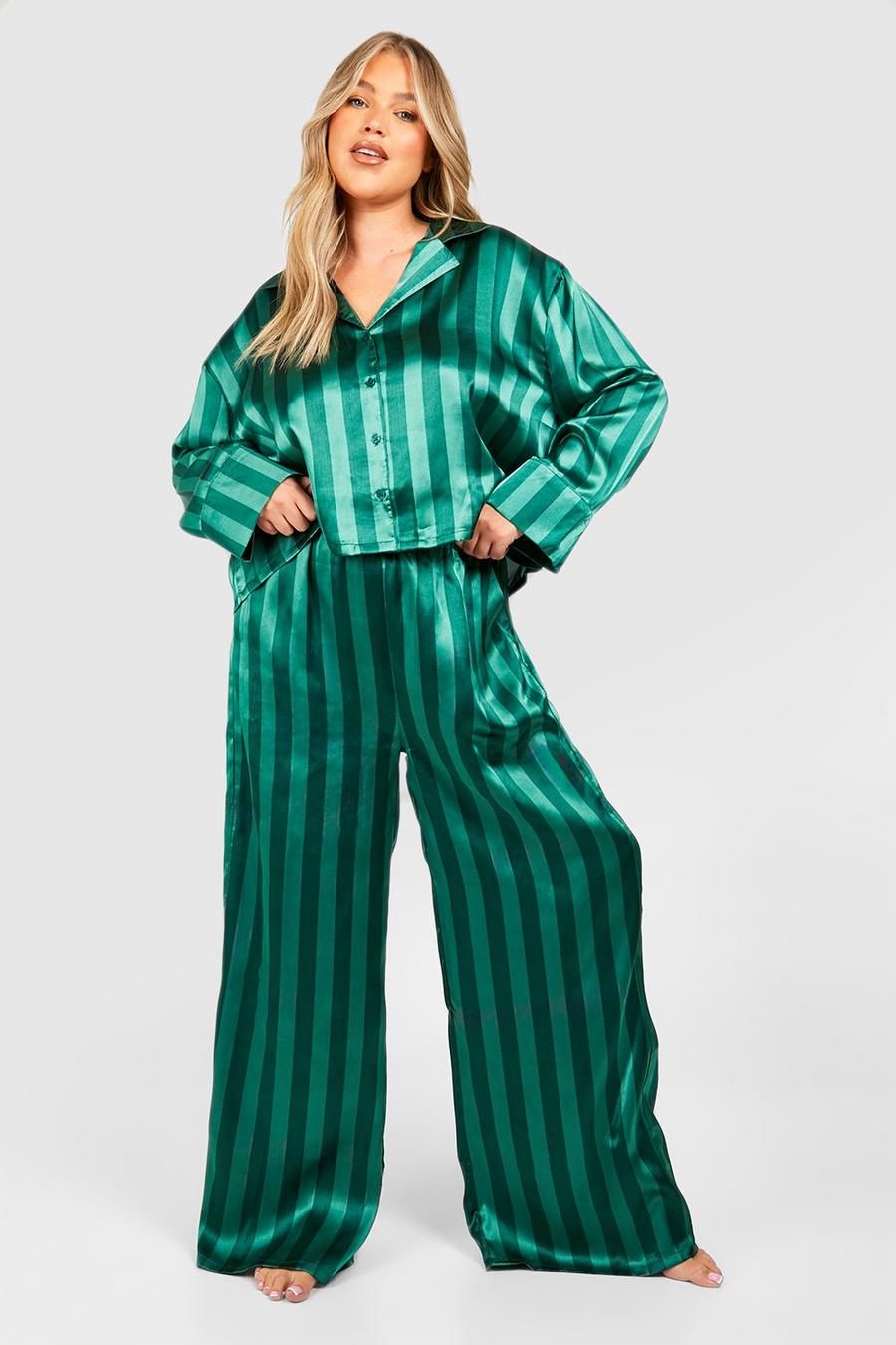 Set pigiama Plus Size oversize corto a righe con pantaloni lunghi, Green
