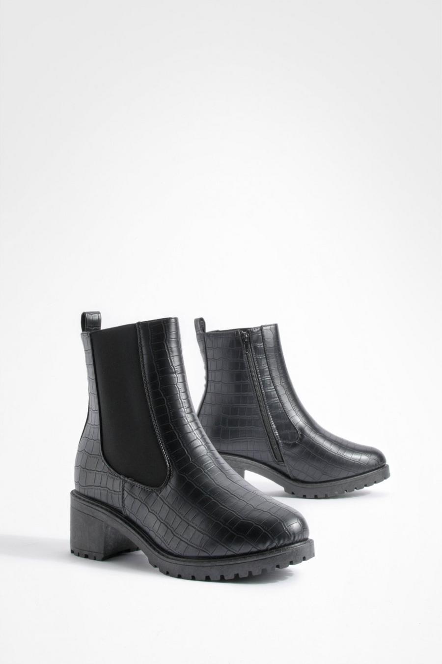 Black Wide Fit Croc Elastic Panel Tab Detail Chelsea Boots  