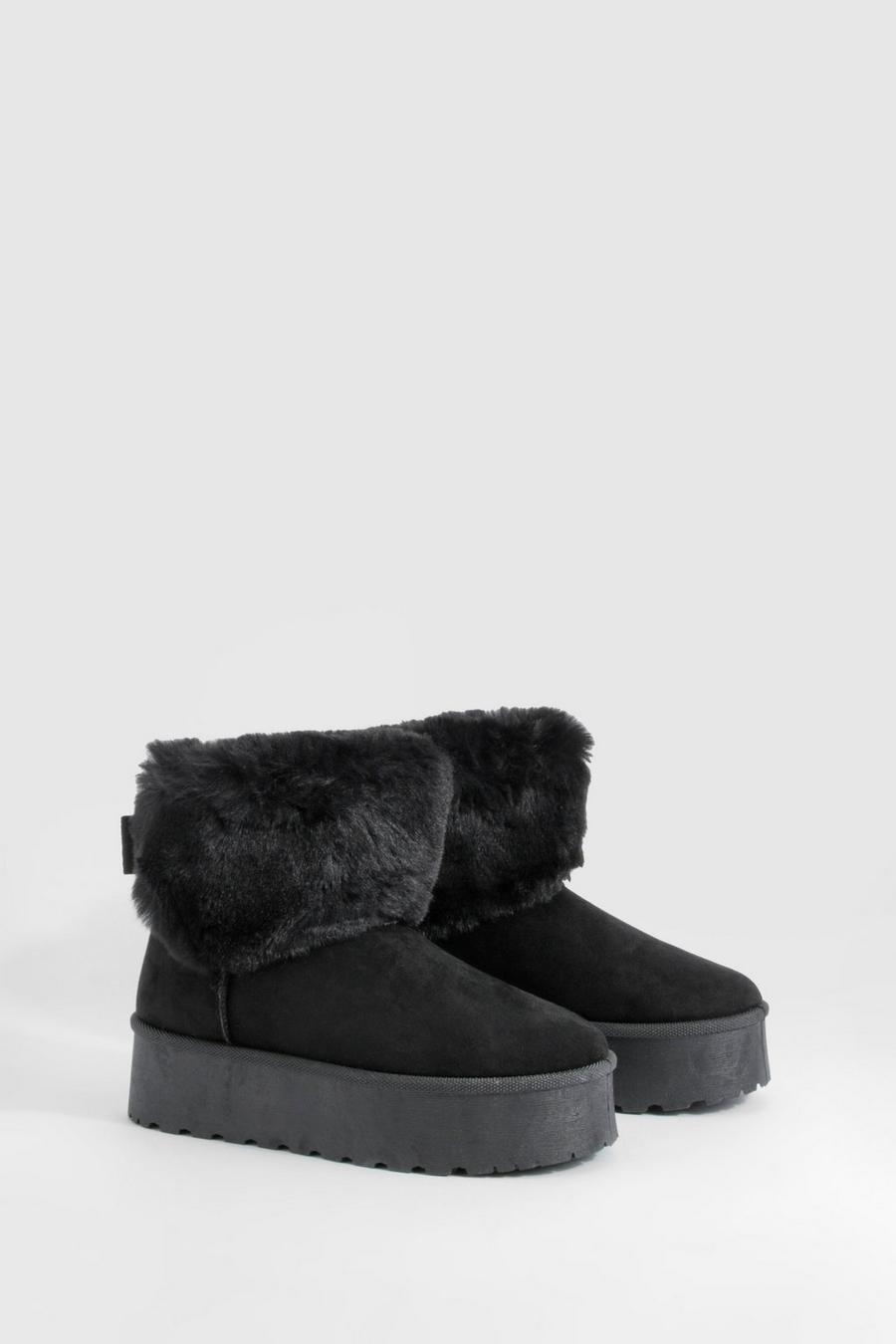 Black Fur Lined Platform Cosy Boots image number 1