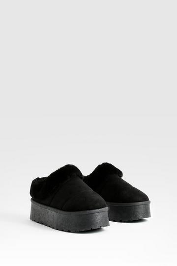 Black Platform Fur Lined Cozy Mules