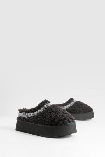 Borg Embroidered Platform Cosy Mules black