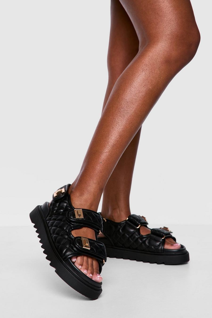 Black Quilted Chunky Dad Sandals image number 1