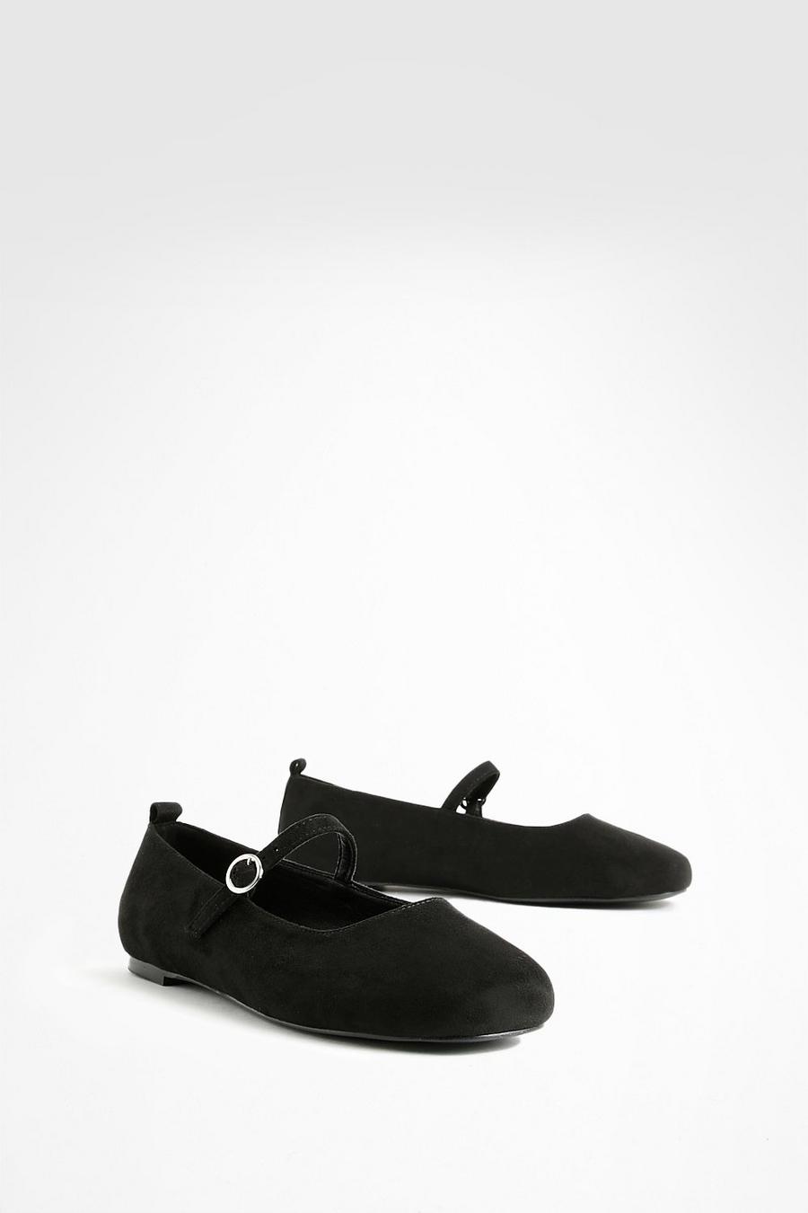Black Wide Fit Strap Mary Jane Ballet Flats