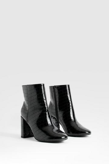 Black Wide Width Round Toe Block Heel Croc Ankle Boots