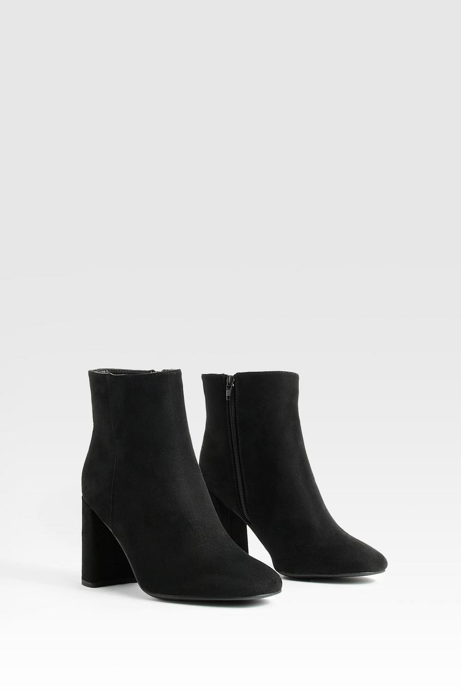Black Wide Fit Round Toe Block Heel Faux Suede Ankle Boots image number 1