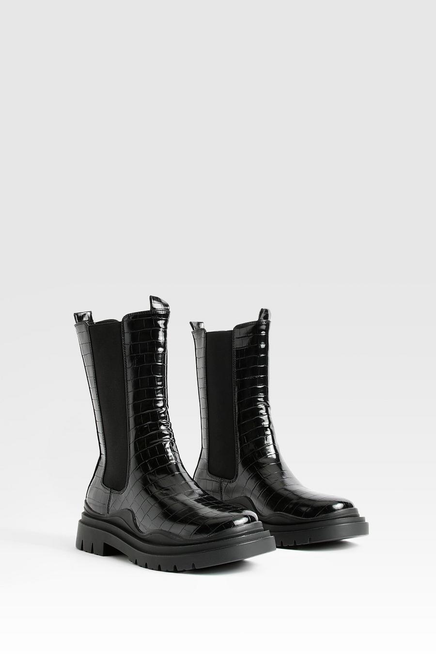 Black Wide Width Calf Height Croc Chelsea Boots