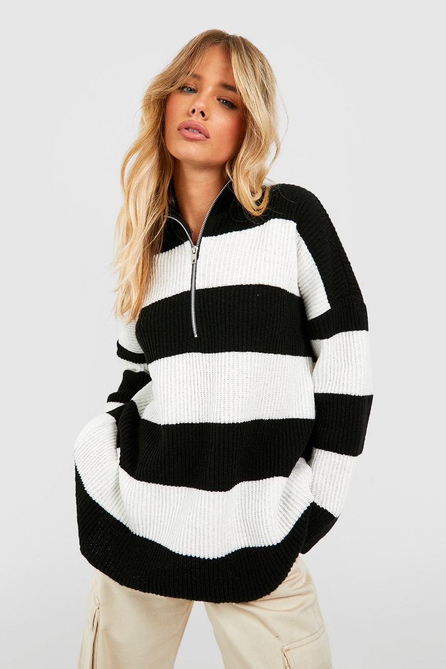 Black Half Zip Soft Knit Stripe Sweater image number 1
