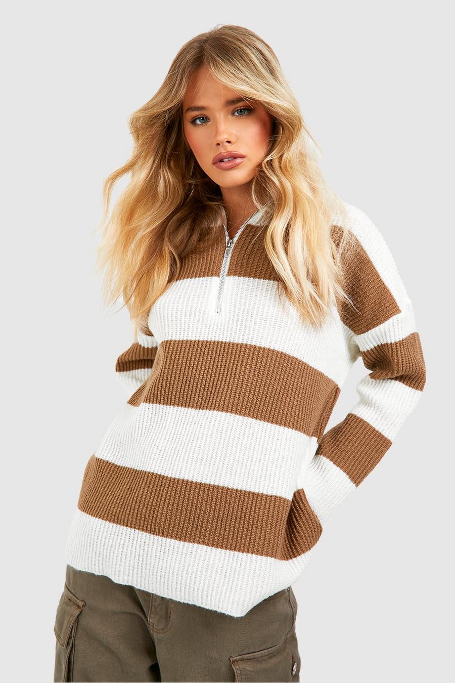 Taupe Half Zip Soft Knit Stripe Sweater image number 1