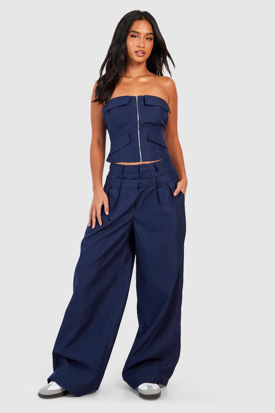 Navy Petite Double Waistband Wide Leg Tailored Pants image number 1