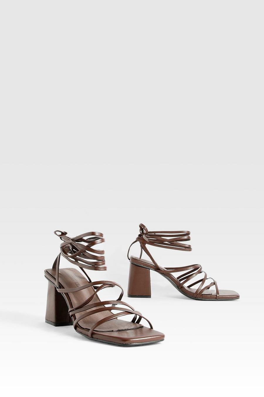 Chocolate Low Block Strappy Tie Up Sandals image number 1