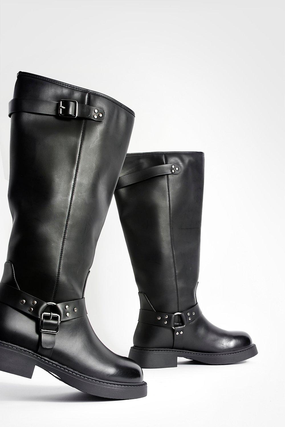 Harness Pull On Buckle Detail Square Toe Biker Boots