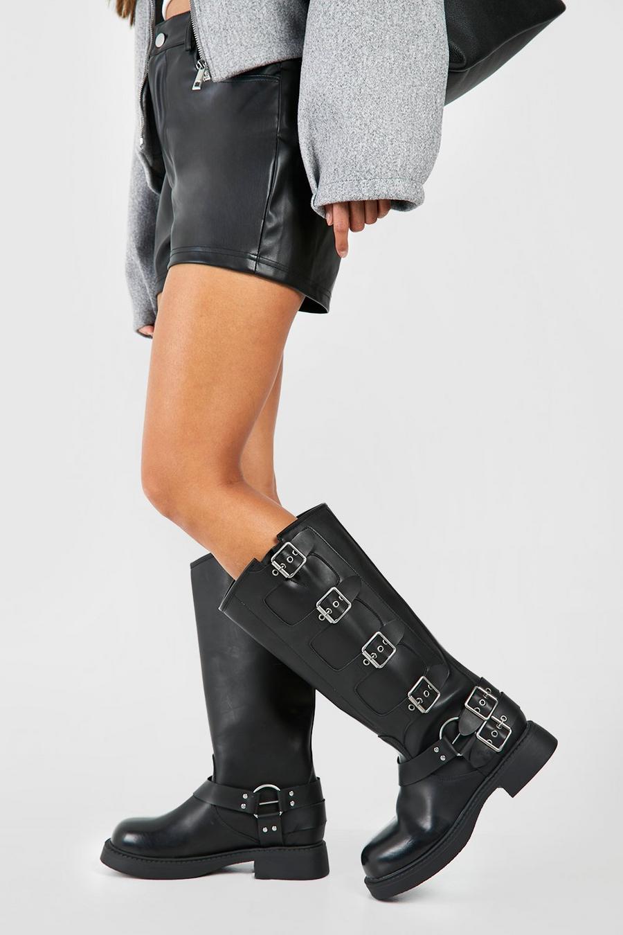 Black Multi Buckle Burnished Pu Chunky Knee High Boots image number 1