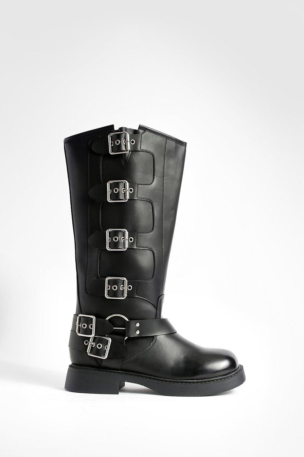 Multi Buckle Burnished Pu Chunky Knee High Boots