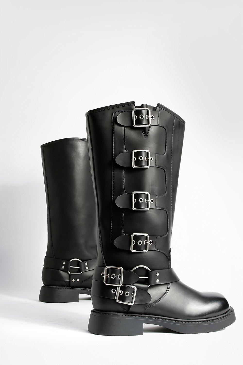 Multi Buckle Burnished Pu Chunky Knee High Boots