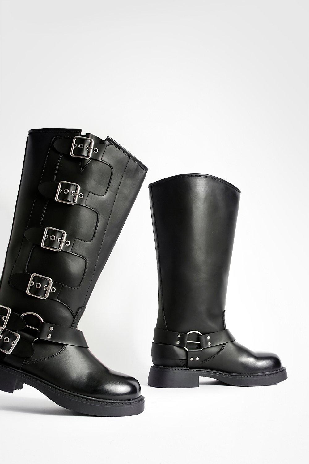 Black pu buckle detail chunky over the hotsell knee boots