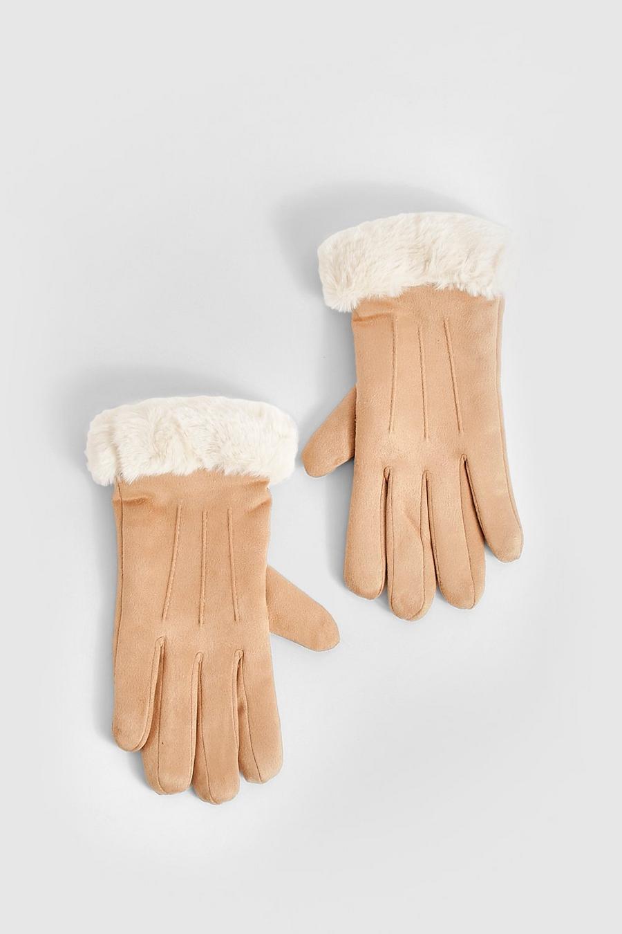 Brown marron Faux Fur Trim Gloves 