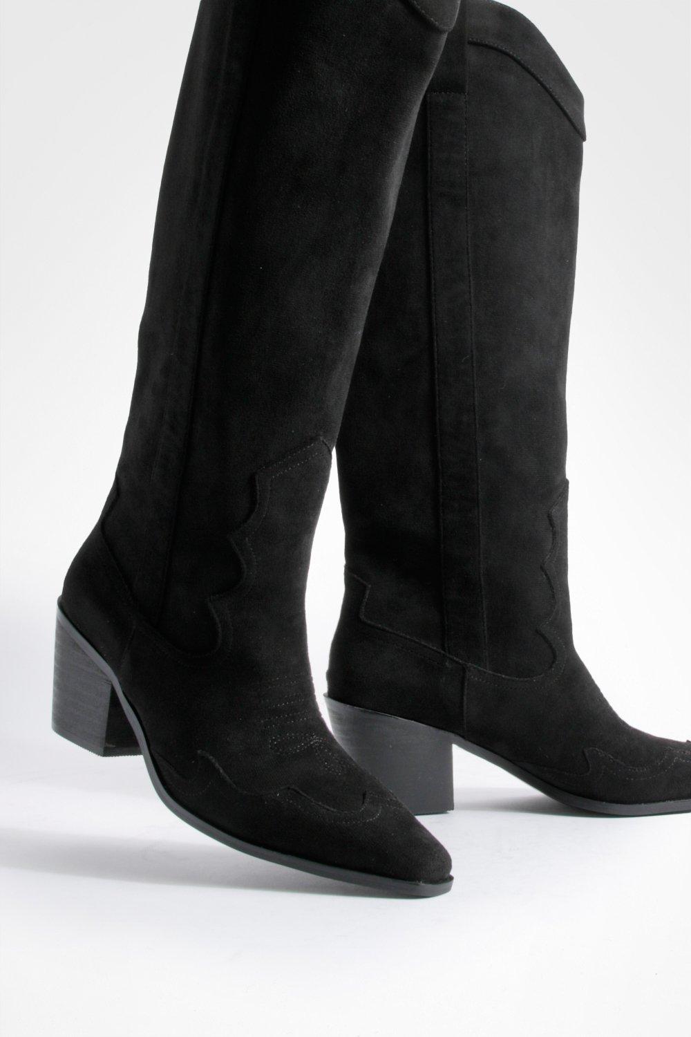 Boohoo Women s Faux Suede Knee High Heeled Western Cowboy Boots Black