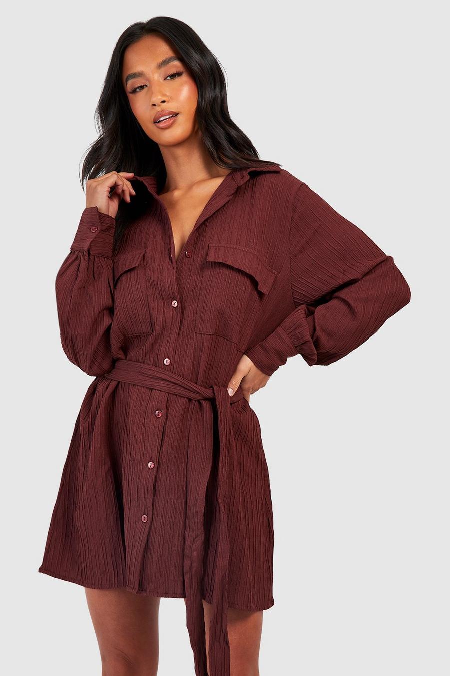Chocolate Petite Textured Utility Belted Shirt Dress image number 1