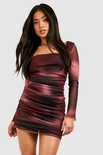 Purple Petite Abstract Mesh Ruched Mini Dress