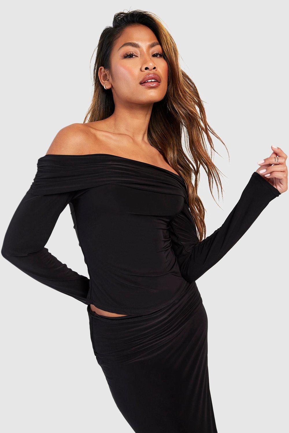 Black Ruched Draped Bardot Top