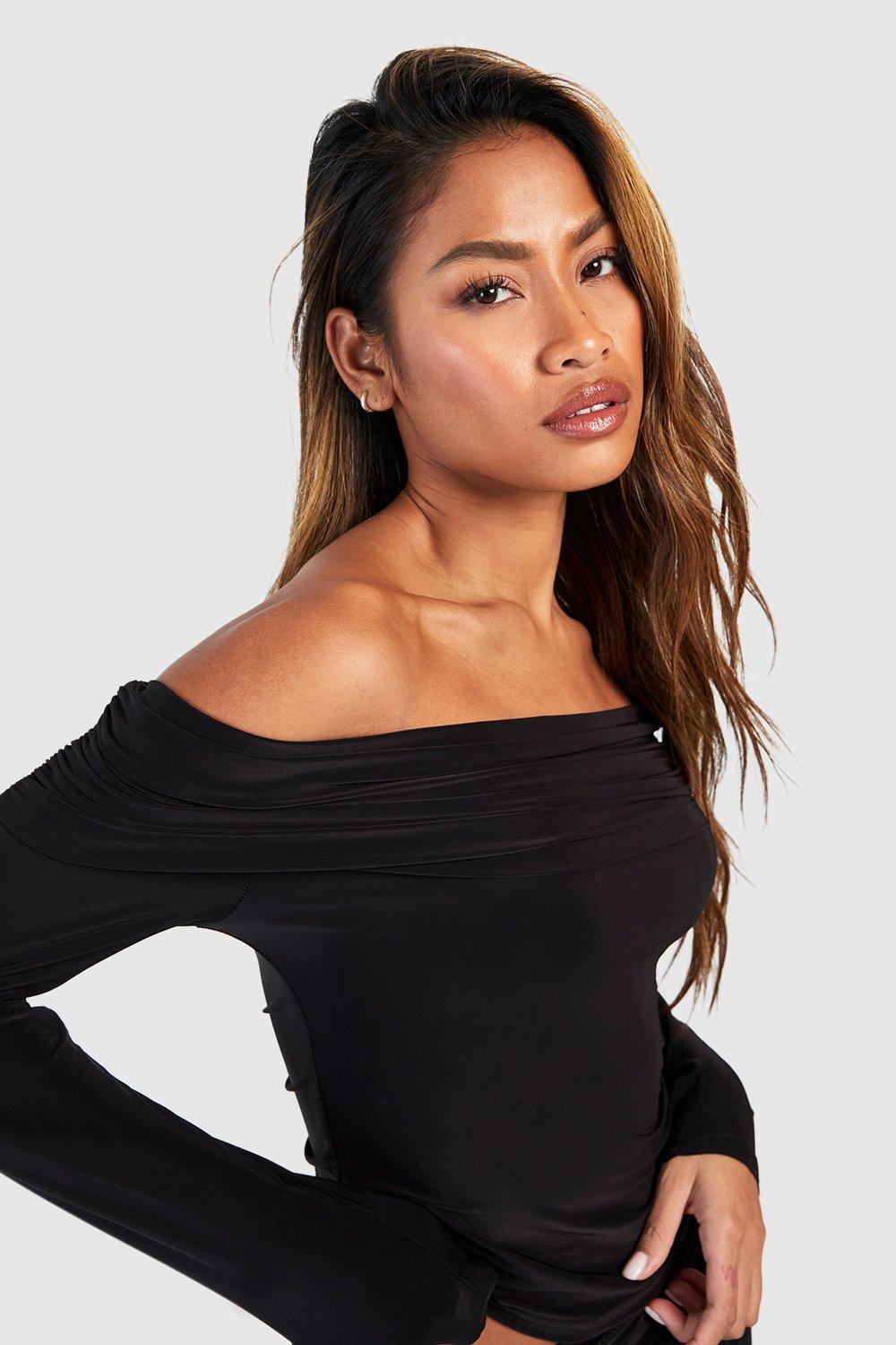 Black Ruched Draped Bardot Top