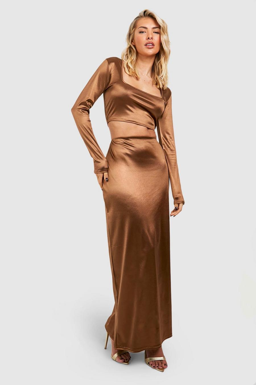 Chocolate Maxi Rok Met Hoge Taille image number 1