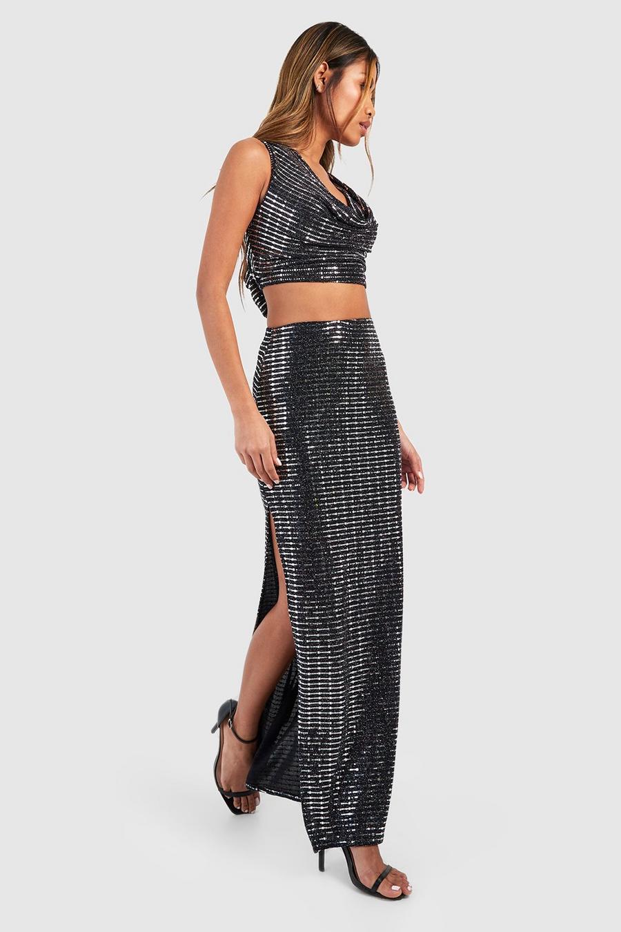 Black Sequin Mid Rise Thigh Split Maxi Skirt