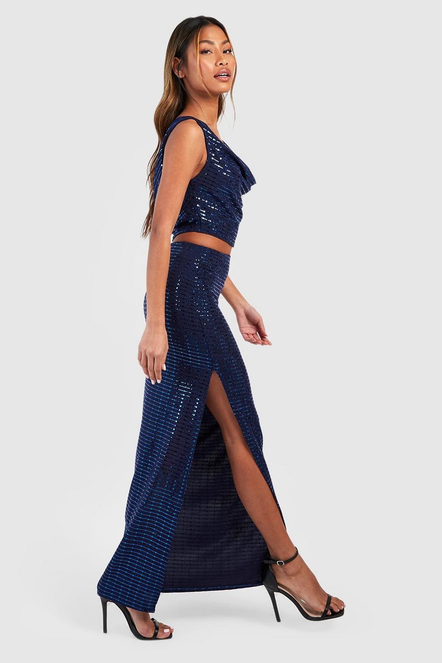 Navy Sequin Mid Rise Thigh Split Maxi Skirt image number 1