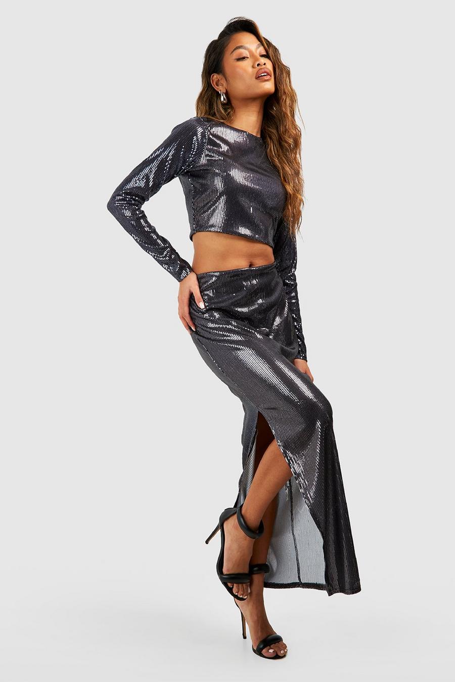 Black Sequin Open Back Top & Thigh Split Maxi Skirt  image number 1