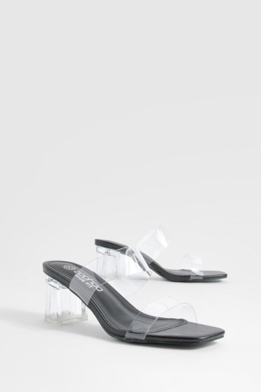 Black Wide Fit Clear Double Strap Low Block Heeled Mules image number 1